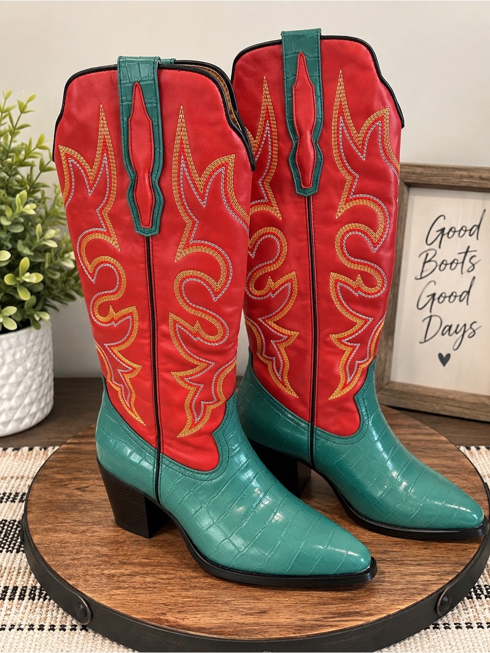 Women's Red & Teal Western Heeled Boots